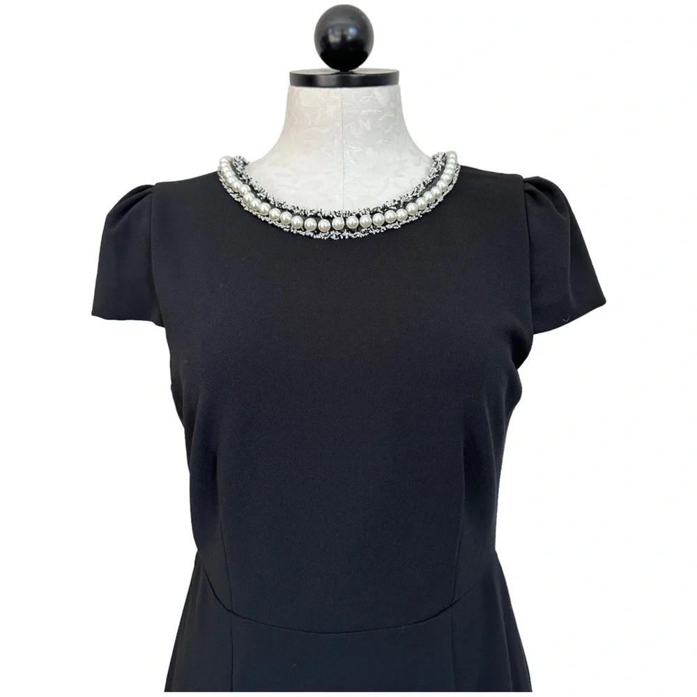 Betsey Johnson Black Dress Pearl Fringe Collar Black Cap Sleeve Ruffle Hem Sz 8 - Picture 5 of 16